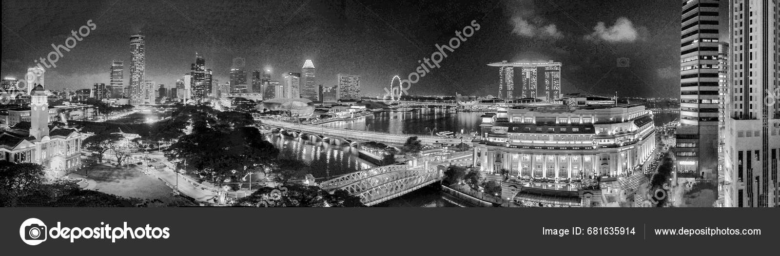 Aerial View Boat Quay Singapore Skyline Cavenagh Bridge Night Stock