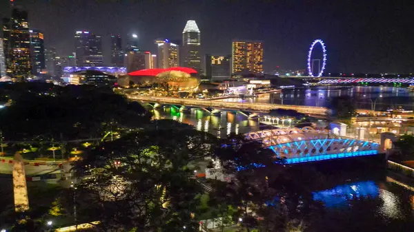 Vista Aérea Cais Barco Horizonte Singapura Ponte Cavenagh Noite — Fotografia de Stock