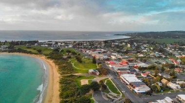 Amazing aerial view of Apollo Bay coastline, Great Ocean Road - Australia.