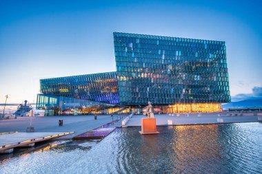 Reykjavik, Iceland - August 10, 2019: Harpa Concert Hall and Conference Centre at sunset