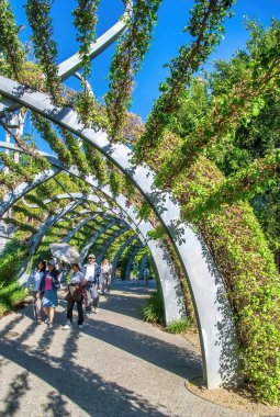 Brisbane, Avustralya - 14 Ağustos 2009: South Bank Grand Arbour boyunca turistler ve yerel halk. Bir kilometre uzunluğunda, bukleli kuleler çiçek açmış begonvillere sarılı..