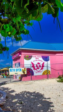 Grand Cayman - 3 Mart 2012: Grand Cayman 'ın renkli binaları sabah kıyı şeridi boyunca.