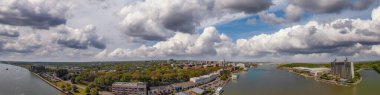Panoramic aerial view of Savannah skyline and river from drone - Georgia - USA.