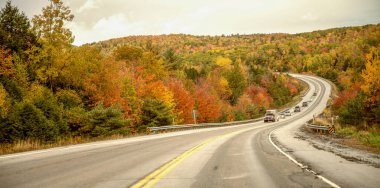 Sonbaharda ormanın içinden yol geçen bir arazi gezisi. Günbatımında sonbahar ormanı. Güzel boş dağ yolu, kırmızı ve turuncu yapraklı ağaçlar..