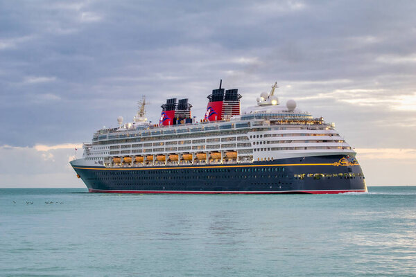 Key West, FL - February 20, 2016: Disney Cruise Ship from Mallory Square at sunset.