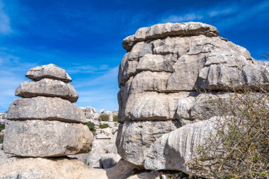 Endülüs 'teki Torcal de Antequera' nın Karst manzarası. Dikey kireçtaşı kaya duvarlarıyla çevrili Akdeniz bitkileriyle büyük bir vadi.