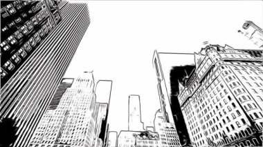 New York 'ta. Güneşli bir günde Manhattan gökdelenlerinin altında uçan kuşlar, siyah beyaz çizgi film filtreleri.