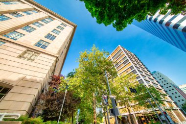 Portland, Oregon - 21 Ağustos 2017: Güneşli bir yaz gününde Portland şehir merkezinin sokakları ve binaları.
