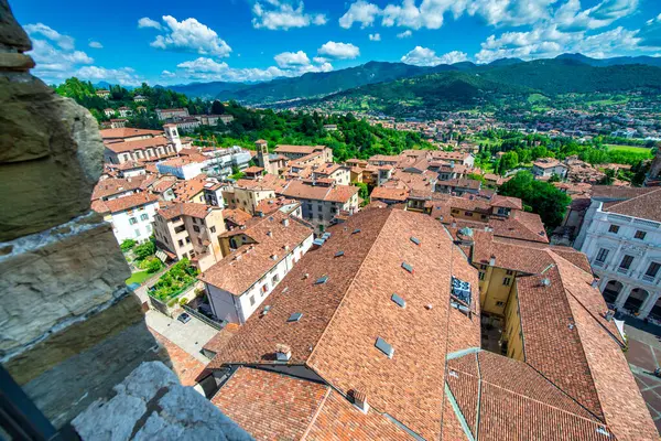 Medieval streets and buildings of Bergamo Alta on a sunny summer day, Italy.