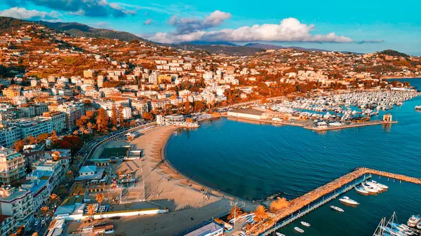 Sanremo Włochy Widok Lotu Ptaka Port Miejski Panoramę Miasta Słoneczne — Zdjęcie stockowe