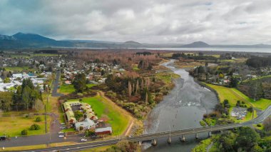 Turangi, New Zealand. Aerial view of the city along Lake Taupo.