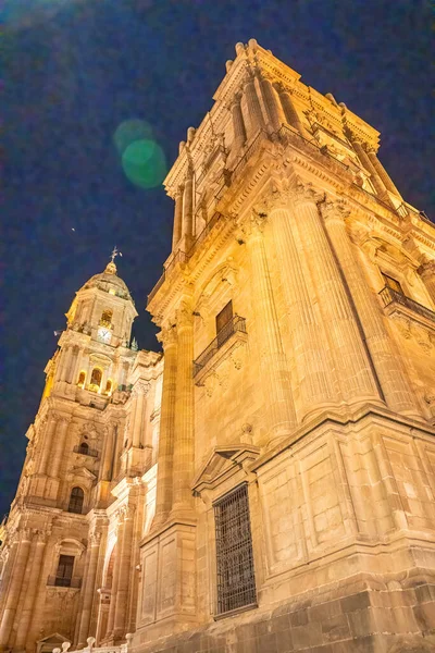 Noční Pohled Katedrálu Malaga Exteriér — Stock fotografie