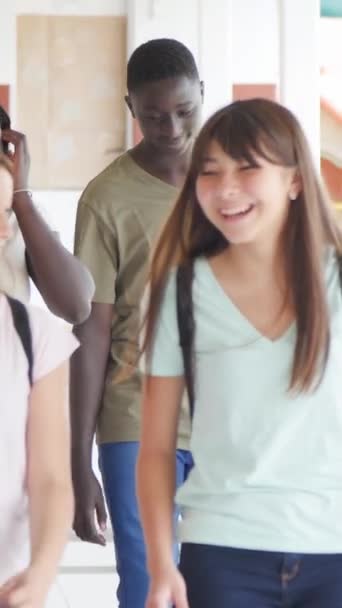 Egy Csapat Középiskolás Többnemzetiségű Tinédzser Sétál Iskola Folyosóján Függőleges Videó — Stock videók