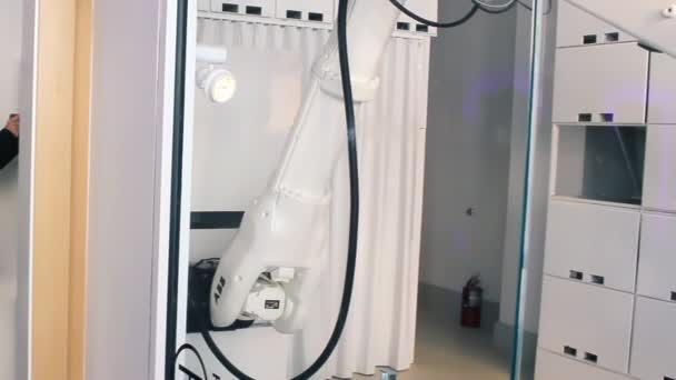 Sebuah Lengan Robot Deposito Dan Mengambil Bagasi Dari Ruang Bagasi — Stok Video