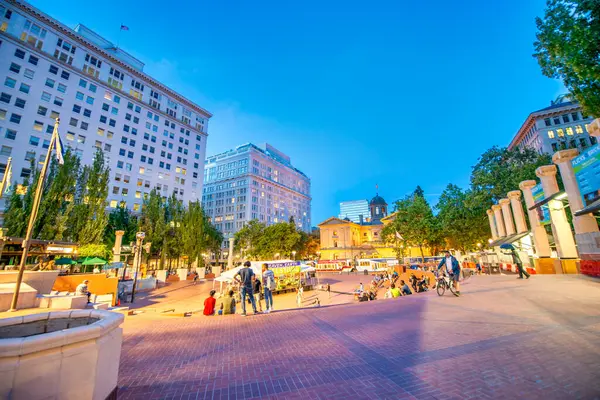 stock image Portland, Oregon - August 19, 2017: Night view of city streets and buildings.