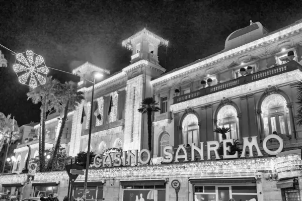 Sanremo Talya Aralık 2023 Geceleyin Ünlü Kumarhanenin Dış Görünüşü — Stok fotoğraf