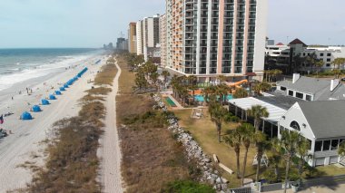 Myrtle Beach from drone, South Carolina. City and beach view at dusk.