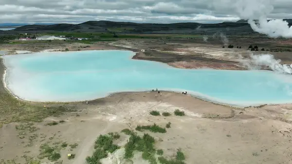 Aerial View Blue Lake Made Water Coming Out Geothermal Power — Stock Photo, Image