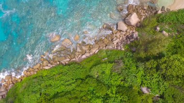 Praslin Sahili, Seyşeller. Güneşli bir günde tropikal kıyı şeridinin havadan görünüşü.