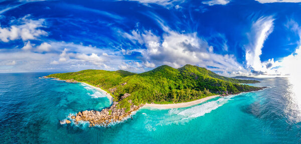 Seychelles, Africa. Panoramic aerial view of La Digue Island on a sunny day.