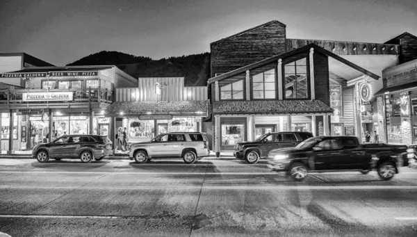Jackson Hole Iulie 2019 Străzile Orașului Mașinile Timp Noapte — Fotografie, imagine de stoc