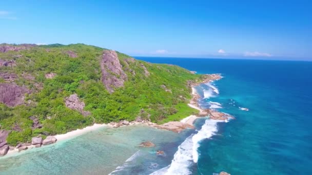 Anse Source Dargent Beach Digue Seychellen Luchtfoto Van Tropische Kustlijn — Stockvideo
