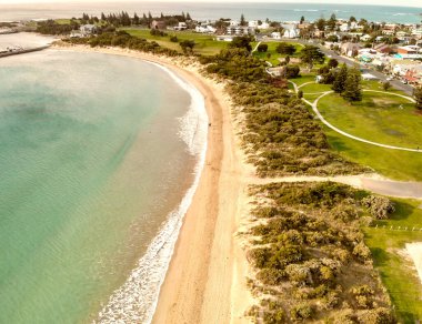 Amazing aerial view of Apollo Bay coastline, Great Ocean Road - Australia.