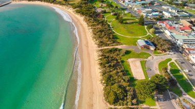 Apollo Bay from drone, coastline of the Great Ocean Road, Australia.