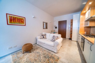 Tek odalı bir pansiyon, beyaz iç tasarım, açık alan: yemek masalı mutfak, kanepeli oturma odası..