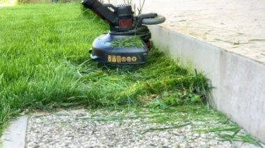 El yapımı çim biçme makinesi, yeşil çimleri biçiyor. Bahçe aletinin etrafında uçuşan çimen parçacıkları.