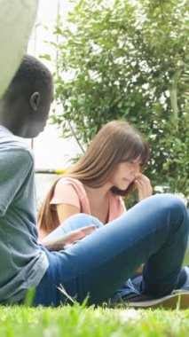 Çimlerin üzerinde oturmuş sosyalleşen gençler. Dikey Video.