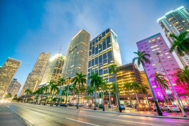 Downtown Miami buildings at sunset from Biscayne Boulevard and Bayfront Park, Florida