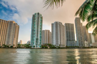 Downtown Miami skyscrapers from Miami Riverwalk at sunset, Florida