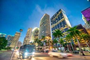 Downtown Miami buildings at sunset from Biscayne Boulevard and Bayfront Park, Florida