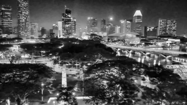 stock image Aerial view of Boat Quay and Singapore skyline from Cavenagh Bridge at night.