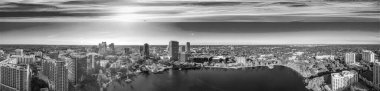 Panoramic aerial view of Orlando skyline along Lake Eola at sunset, Florida.