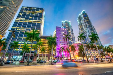Miami, FL - February 23, 2016: City lights and Downtown Miami Skyscrapers.