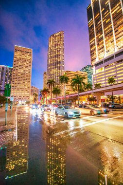 Downtown Miami buildings at sunset from Biscayne Boulevard and Bayfront Park, Florida