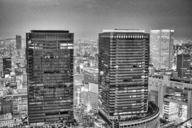 Osaka, Japonya - 28 Mayıs 2016: Gün batımında gökdelenlerin havadan görünüşü.