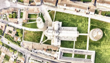 Downward aerial view of Square of Miracles, Pisa. Piazza del Duomo from drone, Italy.