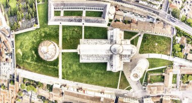 Overhead aerial view of Square of Miracles, Pisa. Piazza del Duomo from drone, Italy.