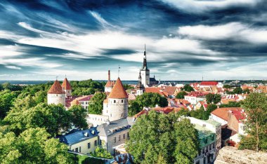 Panoramic aerial view of Tallinn from city hill, Estonia