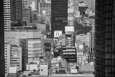 Osaka, Japonya - 28 Mayıs 2016: Gün batımında gökdelenlerin havadan görünüşü.