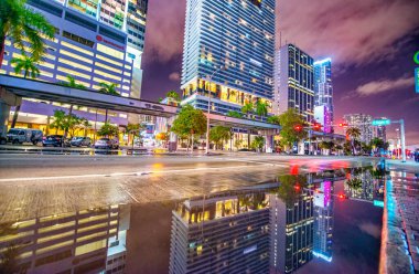 Miami, FL - February 23, 2016: City lights and Downtown Miami Skyscrapers.