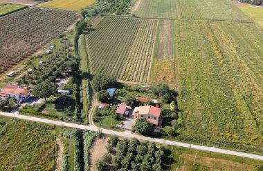 Bahar mevsiminde Toskana 'nın güzel kırsal manzarasının havadan görünüşü. Çayırlar ve mavi gökyüzü, İtalya.