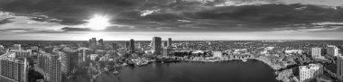 Panoramic aerial view of Orlando skyline along Lake Eola at sunset, Florida.