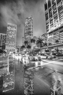 Downtown Miami buildings at sunset from Biscayne Boulevard and Bayfront Park, Florida