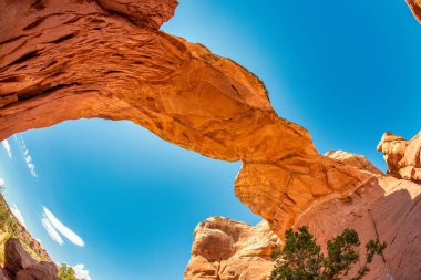 Utah, Arches Ulusal Parkı 'nın yaz sezonundaki muhteşem manzarası..