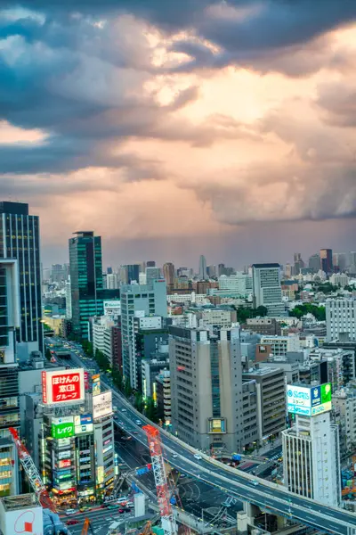 Tokyo, Japonya - 1 Haziran 2016: Günbatımında Shibuya 'nın modern binalarının havadan görünüşü.