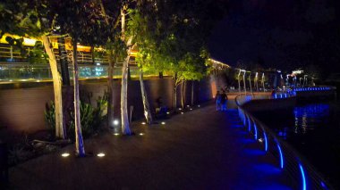 Gece Sentosa Sahil Yolu 'nun havadan görünüşü, Singapur.